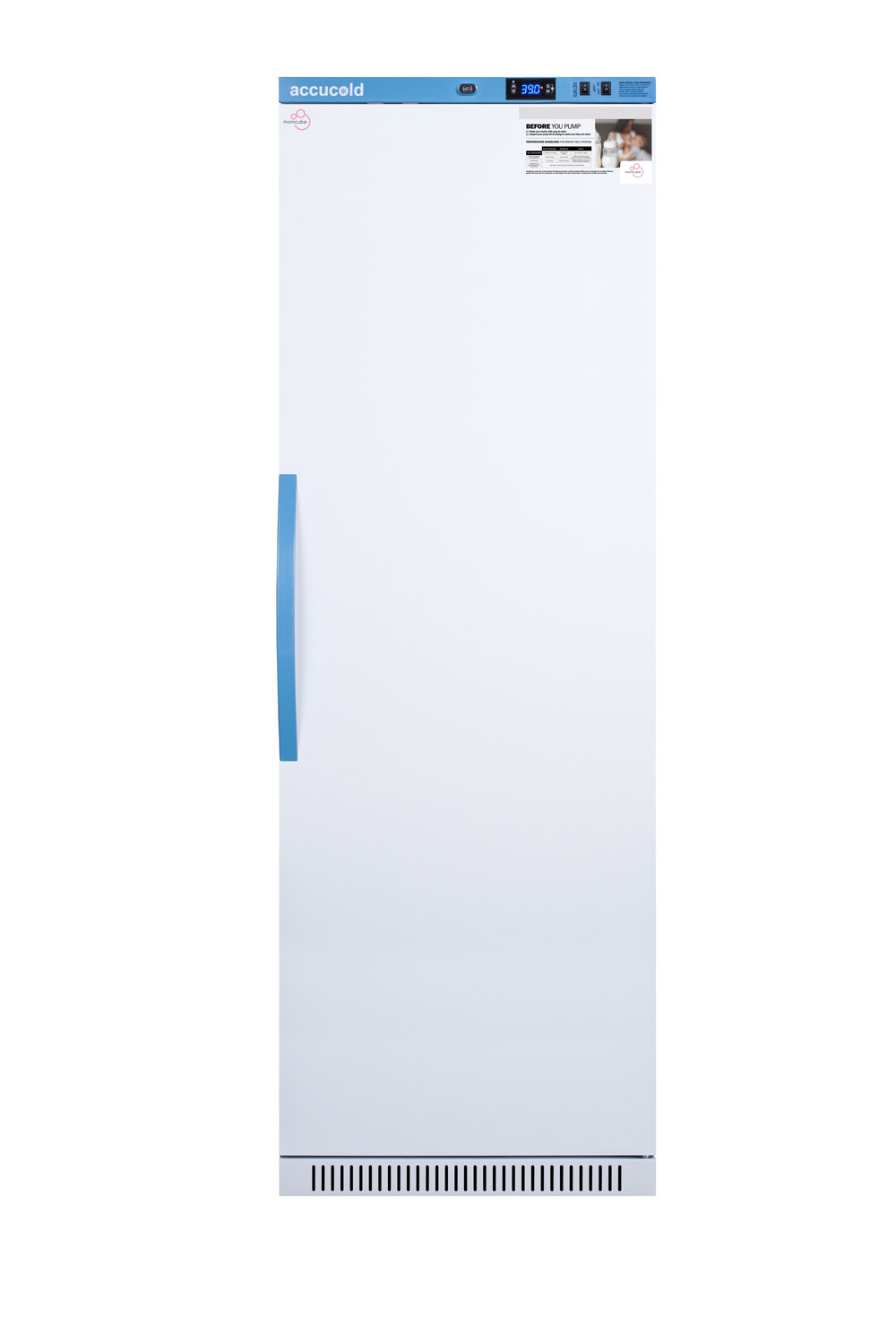 Purpose-built all-refrigerator for breast milk storage with 7 adjustable shelves, antimicrobial silver-ion handle, and hospital grade cord with 'green dot' plug